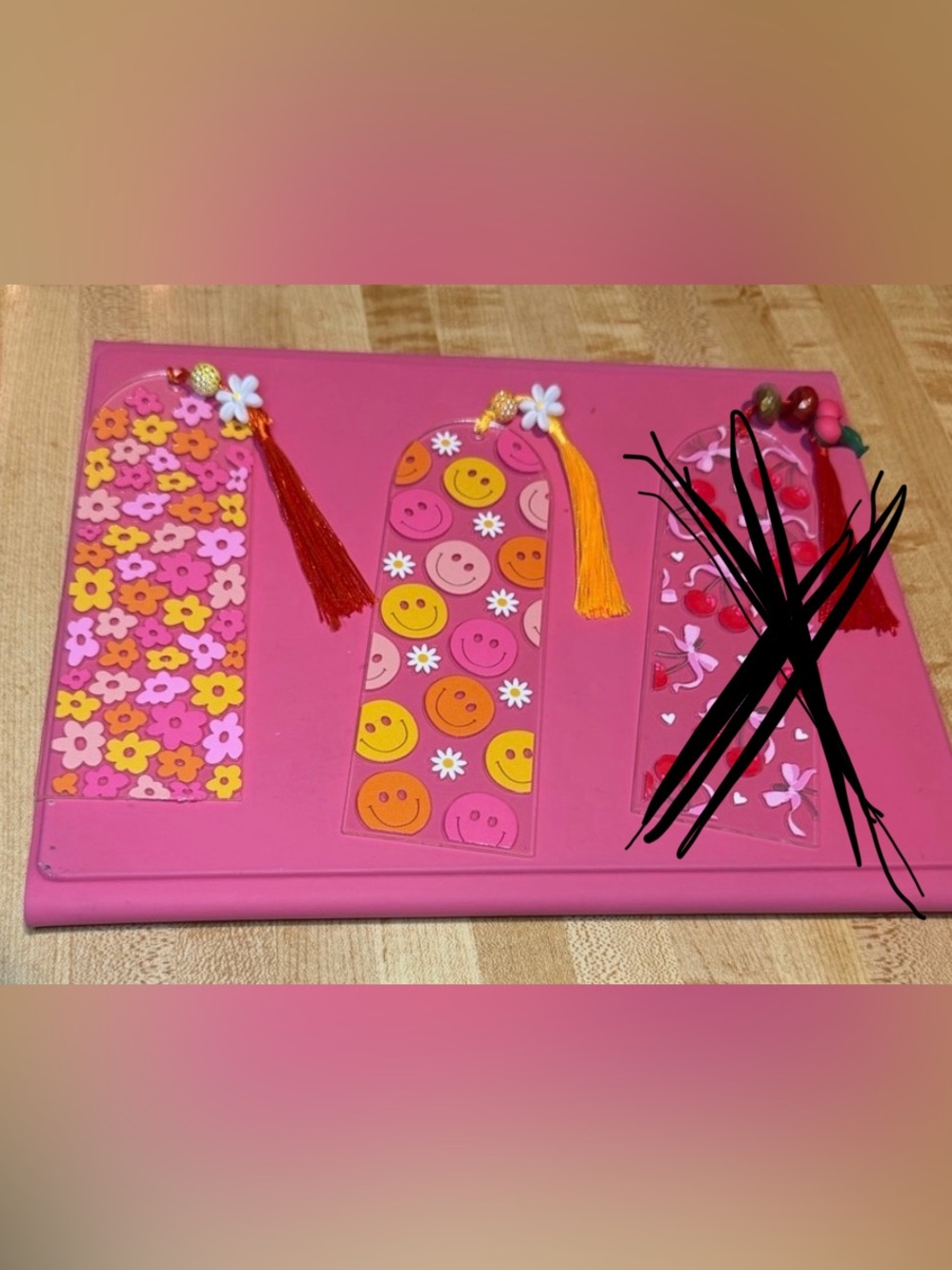 Handmade acrylic bookmarks floral, smiley, and cherry designs with tassels - Picture 4 of 5